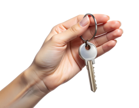 Close-Up of Hand Holding Silver Key with White Keychain, Transparent Background