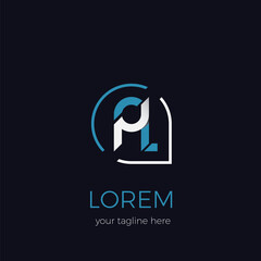 The initial letters PL with a combination of blue and white, neatly arranged side by side and framed