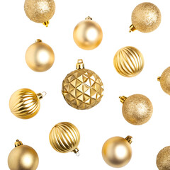 Assortment of Golden Christmas Ornaments Scattered on Black Background bauble