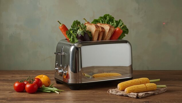 Healthy breakfast concept with fresh vegetables and bread in a toaster, vibrant and nutritious start to the day, promoting wellness and mindful eating