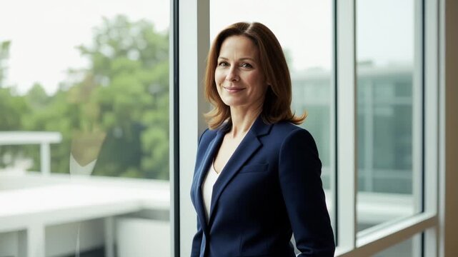 Mature woman in a navy blue suit standing in a modern office hallway
