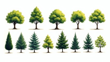 an array of trees in various shapes and species, each showcasing unique foliage and textures