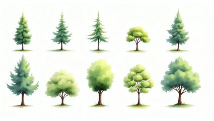 A collection of various tree illustrations, showcasing diverse shapes and greenery
