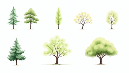 Fototapeta premium Watercolor illustrations of various trees with lush foliage, perfect for any nature-themed project