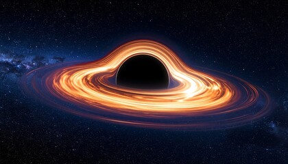 A supermassive black hole's accretion disk glows brightly against a backdrop of stars