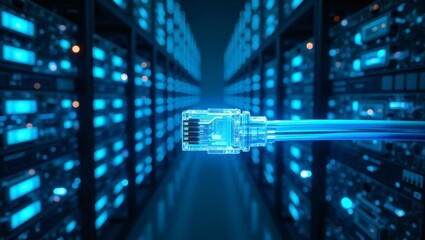 a network cable connecting a server room with advanced technology. A close-up shot of a network cable connected to a server room. The server room is lit with blue light