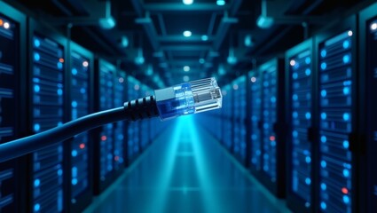 Network cable connected to server room in data center, representing connectivity