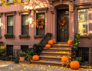 Festive autumn decorations with pumpkins and wreaths on the front stoop of a classic city brownstone