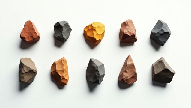 a collection of ten textured stones, each with its own unique shape and color, suggesting a connection to the natural world and historical contexts. 