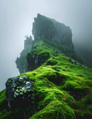 Misty mountain peak with vibrant green moss