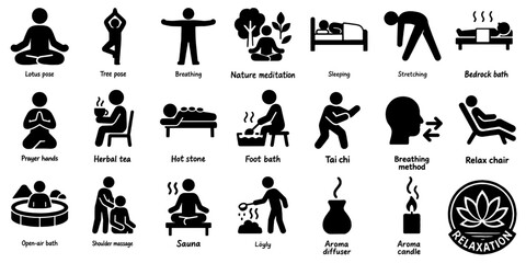 リラクゼーションとウェルネスのシルエットアイコンセット、Relaxation and Wellness Silhouette Icon Set