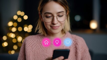 Young woman in glasses controlling smart home via phone image with digital overlay. Lighting and electronics features photography conceptual. House connection concept photo realistic