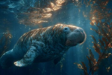 Gentle manatee gracefully swims underwater in sunlit ocean, evoking tranquility and the beauty of marine life for conservation projects