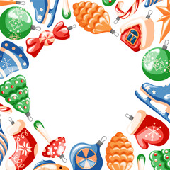 Festive Christmas frame with colorful tree ornament, mitten, skates, stocking, star, candy cane and decorations arranged around empty white center background in cartoon.