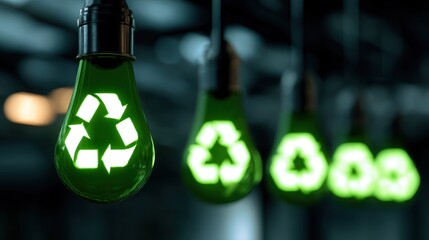Green Light Bulbs with Recycling Symbol Representing Eco-Friendly Energy Solutions and Sustainable Practices in Modern Decor