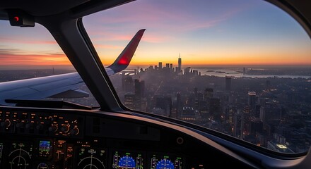 Stunning aerial view from an airplane cockpit flying over the New York City skyline during a vibrant sunset.