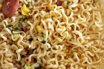 Noodles with spicy sauce and green onion chopped parts