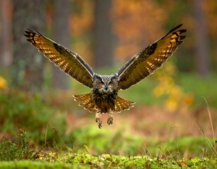 Owl in flight, autumn forest