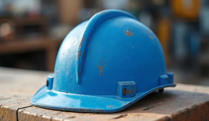 Blue safety helmet with scratches and rust marks on wood in industrial setting, ideal for workplace safety, PPE visuals, construction themes, and training materials