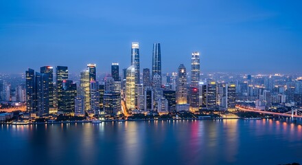Stunning Guangzhou city skyline with illuminated skyscrapers reflecting on the Pearl River at dusk.