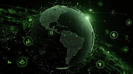 Obraz premium Green Earth with Sustainable Icons Representing Environmental Awareness and Eco-Friendly Practices Around the Globe