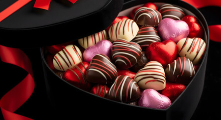 A heart-shaped box overflowing with assorted chocolates, tied with a red ribbon, perfect for gifting.