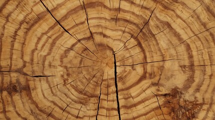 Fototapeta premium a detailed image of wood, featuring a natural wood grain pattern with warm golden brown colors and visible growth rings, the wood surface is rugged and textured with subtle cracks and imperfections