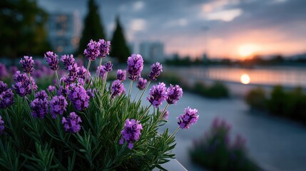 Lavender Flowers in Bloom Near Waterfront at Sunset with City Buildings in Background