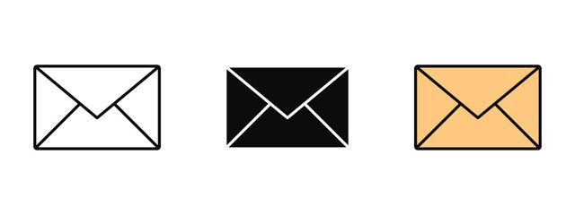 Email icon illustrated in line art, fill, and colored outline styles with a clean white background. Perfect for mail, messages, business communication, and online contact.