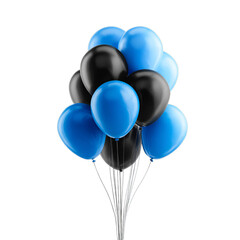 Black and blue balloons floating together. Isolated white background. Png format