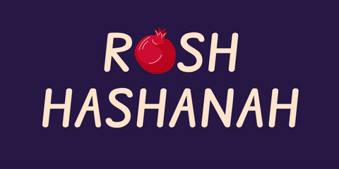 Rosh Hashanah holiday greeting banner with whole pomegranate in festive text on dark background in flat style.
