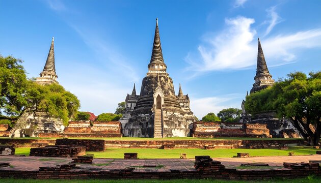 Ancient pagodas, brick ruins, and lush greenery under a vibrant blue sky