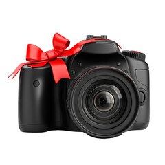 Black camera with red ribbon bow. Isolated white background. Png format