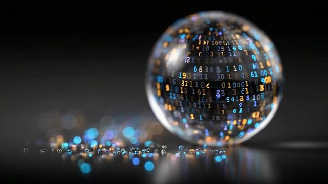 Data sphere with numbers and binary code inside a glass ball with bokeh lights