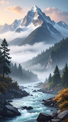 Misty mountain river valley at dawn