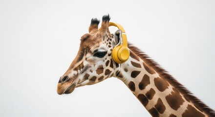 Naklejka premium giraffe wearing headphones, listening to music, on a solid white background