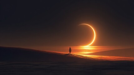 A solitary figure stands on a desolate landscape, gazing at a radiant solar eclipse.