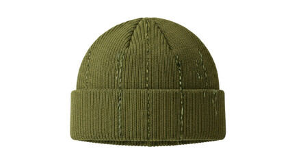 Isolated ribbed olive-green knit winter hat folded at the brim for men and women fashion
