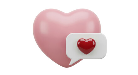 Isolated 3D rendering of a pink heart symbol and a like message bubble for social media