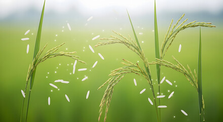 Close-up view of rice plants with grains, showcasing the delicate details and green fields.