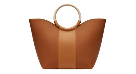 Isolated tan-color leather tote bag with round handle, fashion handbag for stylish women