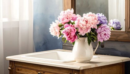 Pink peonies in white pitcher on marbled bathroom counter with mirror and blue wall