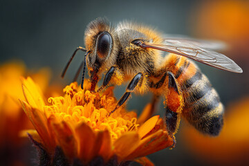 Fototapeta premium Close-Up of Honeybee Gathering Nectar from Blossom