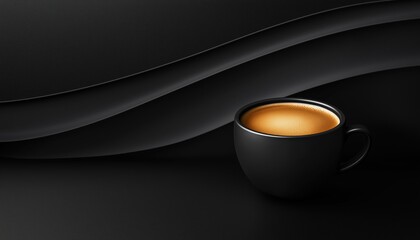 Hot espresso coffee served in matte black cup on dark background.