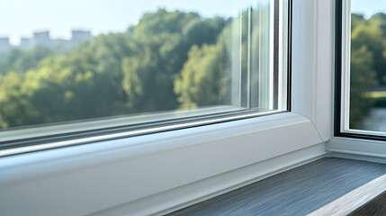 Modern aluminum window frame with clear tempered glass and insect screen, sleek architectural design detail for contemporary homes, energy efficiency, and high-quality residential construction