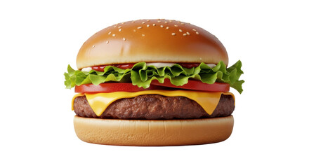 Isolated close-up of delicious hamburger with beef patty, cheese, vegetables and sesame bun