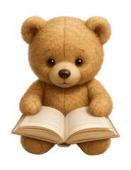Line drawing of a cute teddy bear reading a book.