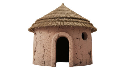 Isolated small round mud hut with a thatched roof; building construction and architecture