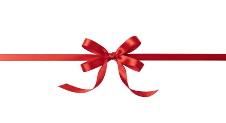 Isolated Shiny red ribbon with elegant tied bow, flat across middle of the frame, festive object