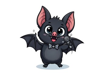 Obraz premium Cute cartoon bat character wearing a bow tie holding a microphone animal
